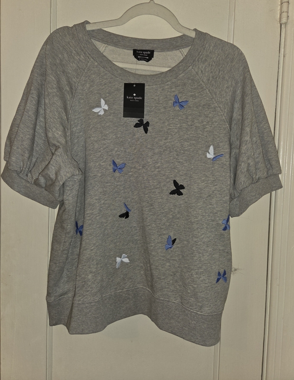 kate spade Gray Butterfly Embroidered Short Sleeve Top